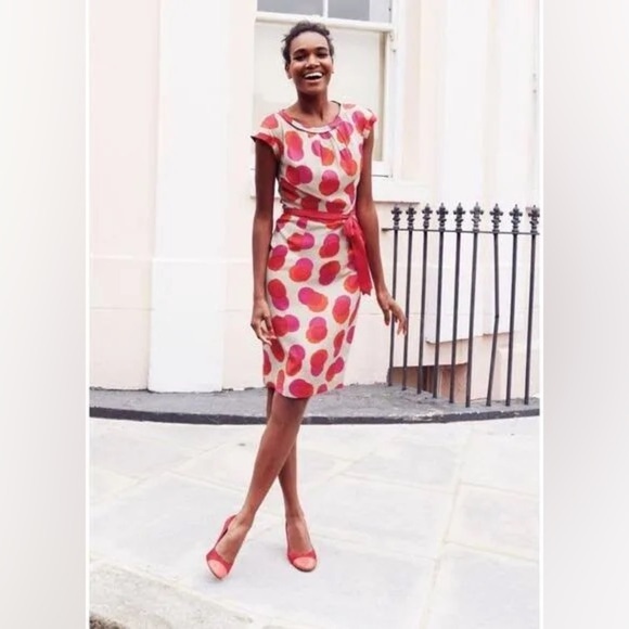 Boden putney spot dress pink orange gray taupe silk midi dot print retro size 4 - Picture 3 of 3